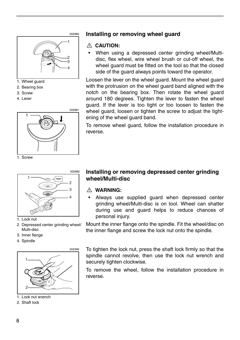 Installing or removing wheel guard | Makita 9566CV User Manual | Page 8 / 16