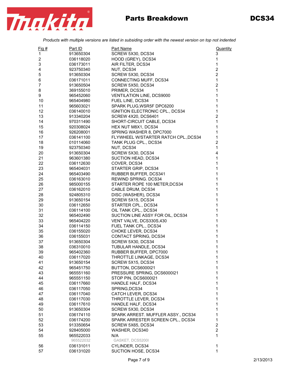 Parts breakdown dcs34 | Makita DCS34 User Manual | Page 7 / 9