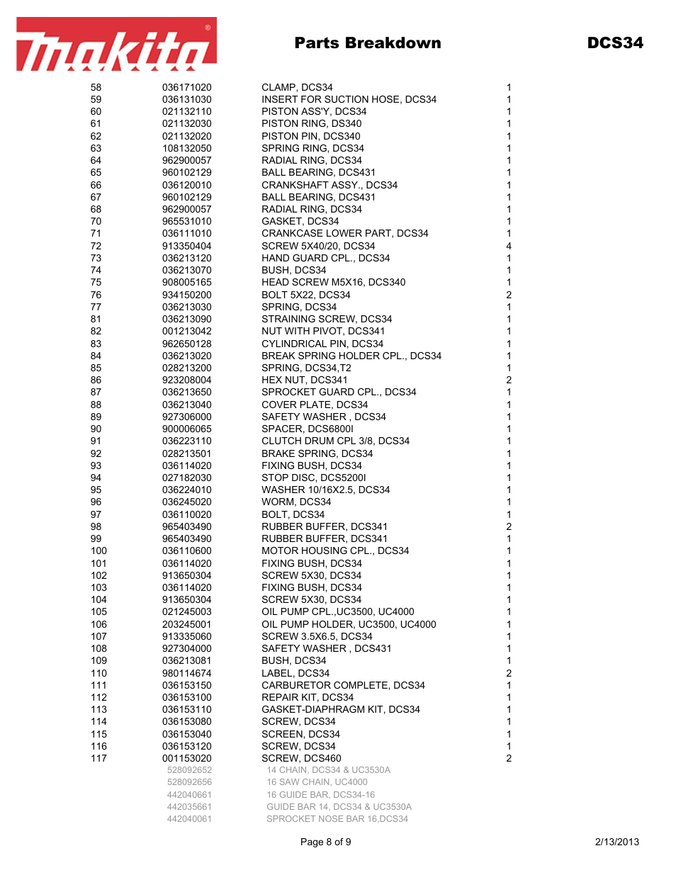 Parts breakdown dcs34 | Makita DCS34 User Manual | Page 8 / 9