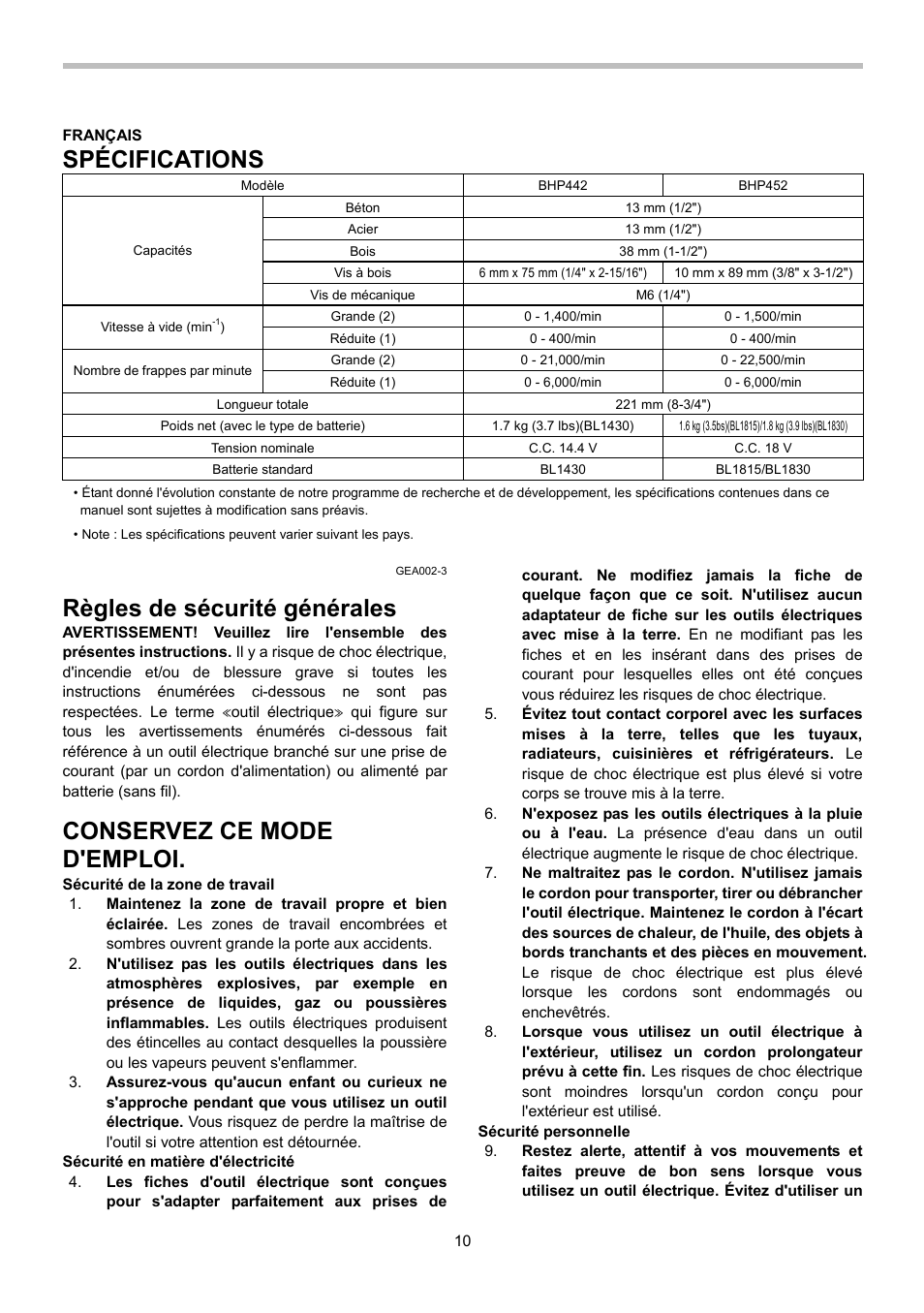 Spécifications, Règles de sécurité générales, Conservez ce mode d'emploi | Makita BHP442 User Manual | Page 10 / 32