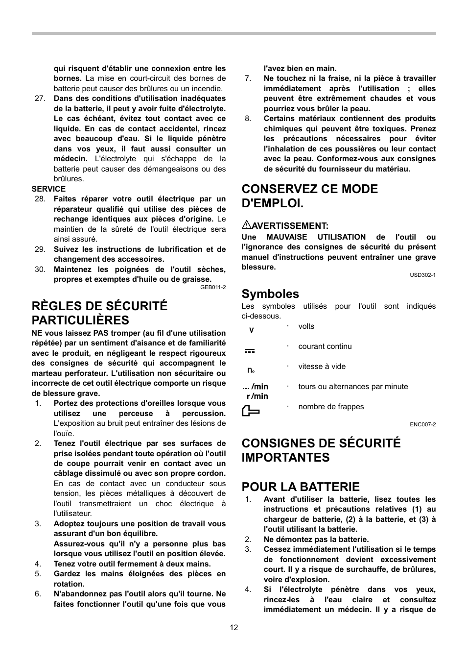 Règles de sécurité particulières, Conservez ce mode d'emploi, Symboles | Consignes de sécurité importantes, Pour la batterie | Makita BHP442 User Manual | Page 12 / 32
