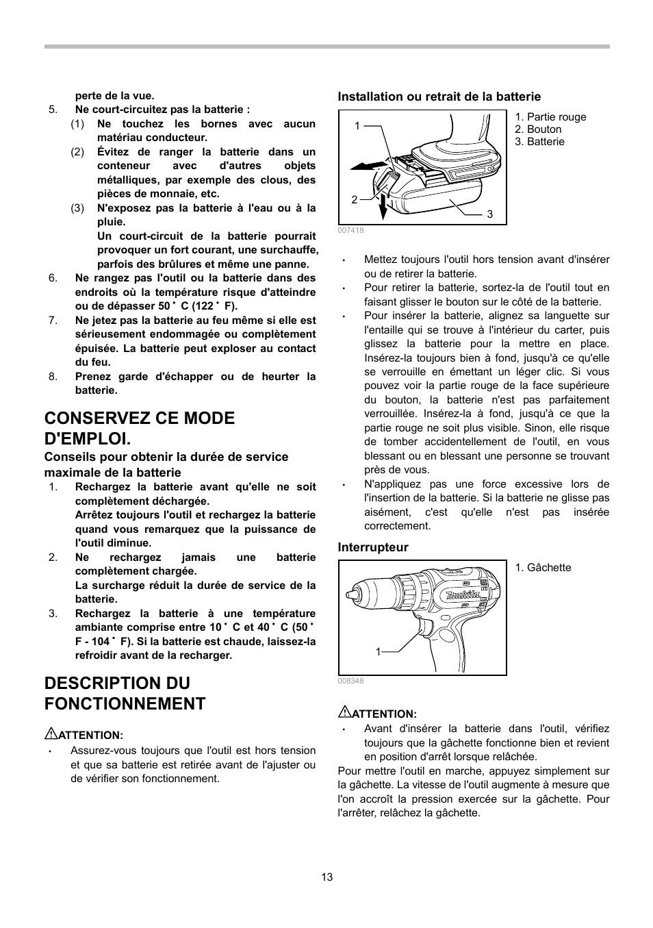Conservez ce mode d'emploi, Description du fonctionnement | Makita BHP442 User Manual | Page 13 / 32