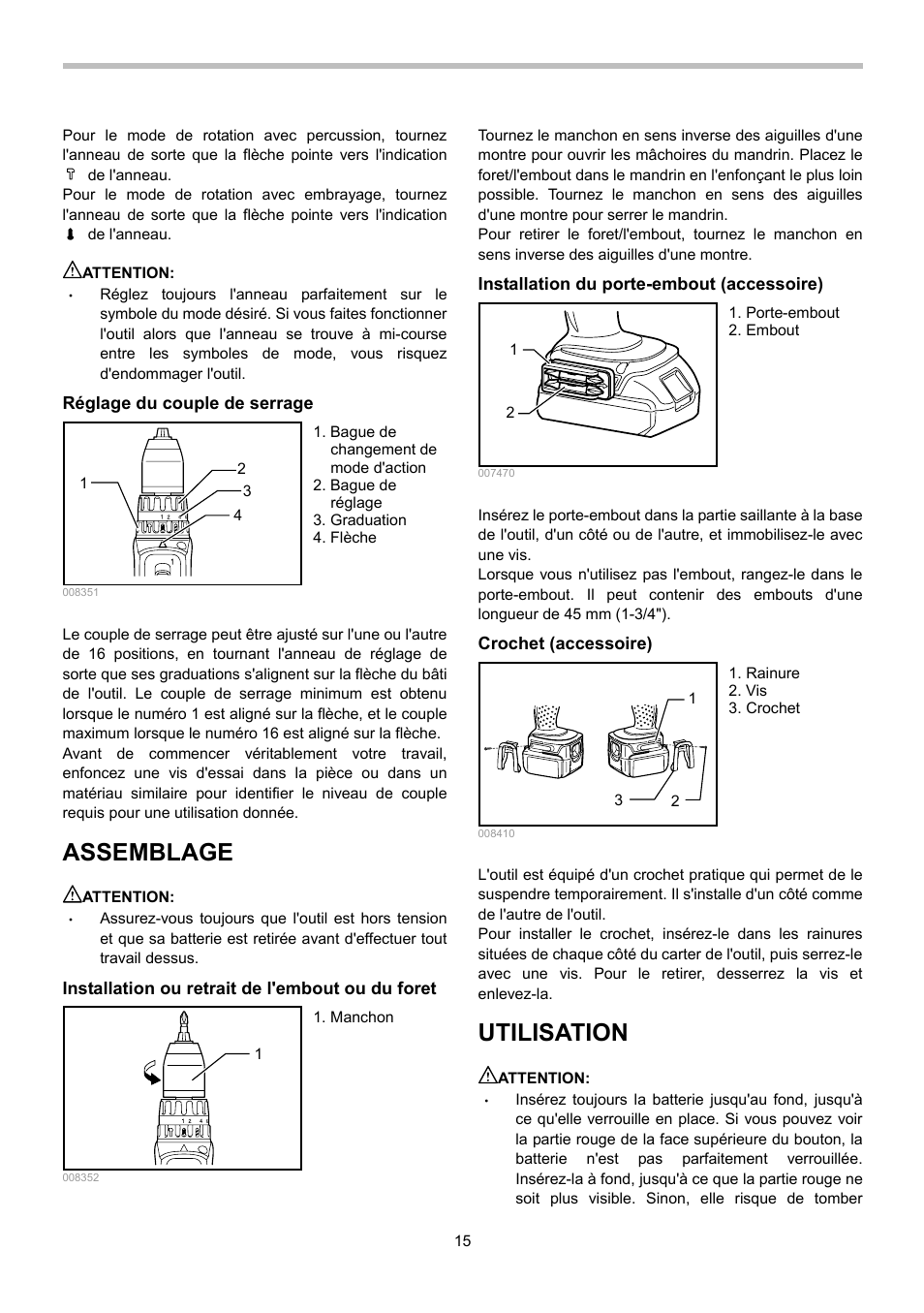 Assemblage, Utilisation | Makita BHP442 User Manual | Page 15 / 32