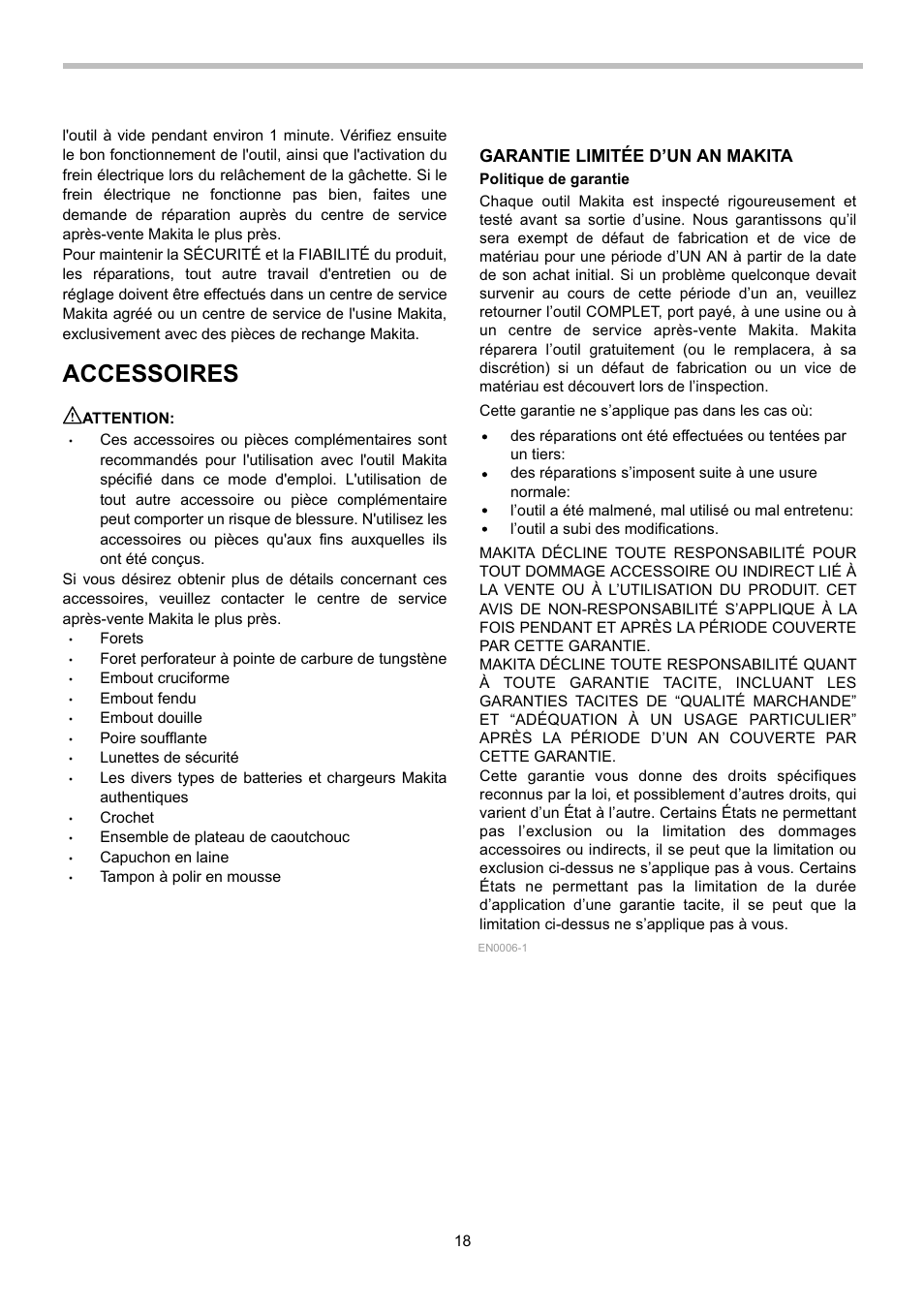 Accessoires, Garantie limitée d’un an makita | Makita BHP442 User Manual | Page 18 / 32