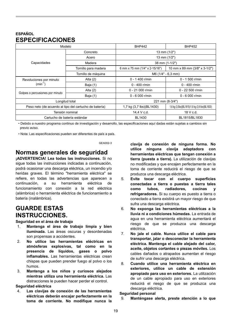 Especificaciones, Normas generales de seguridad, Guarde estas instrucciones | Makita BHP442 User Manual | Page 19 / 32