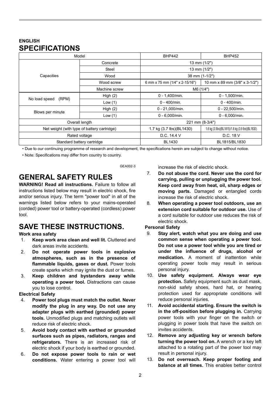Specifications, General safety rules, Save these instructions | Makita BHP442 User Manual | Page 2 / 32