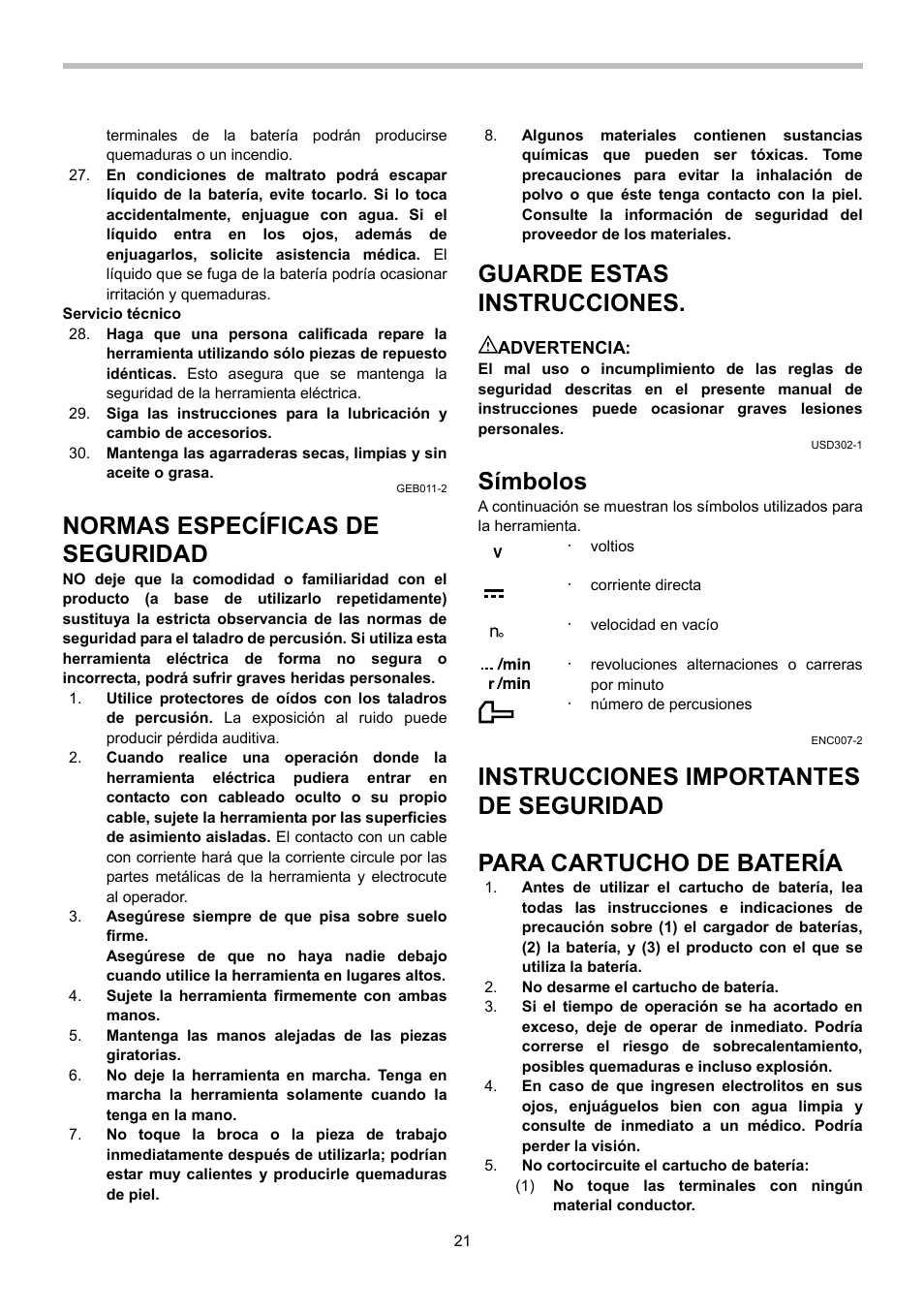Normas específicas de seguridad, Guarde estas instrucciones, Símbolos | Instrucciones importantes de seguridad, Para cartucho de batería | Makita BHP442 User Manual | Page 21 / 32