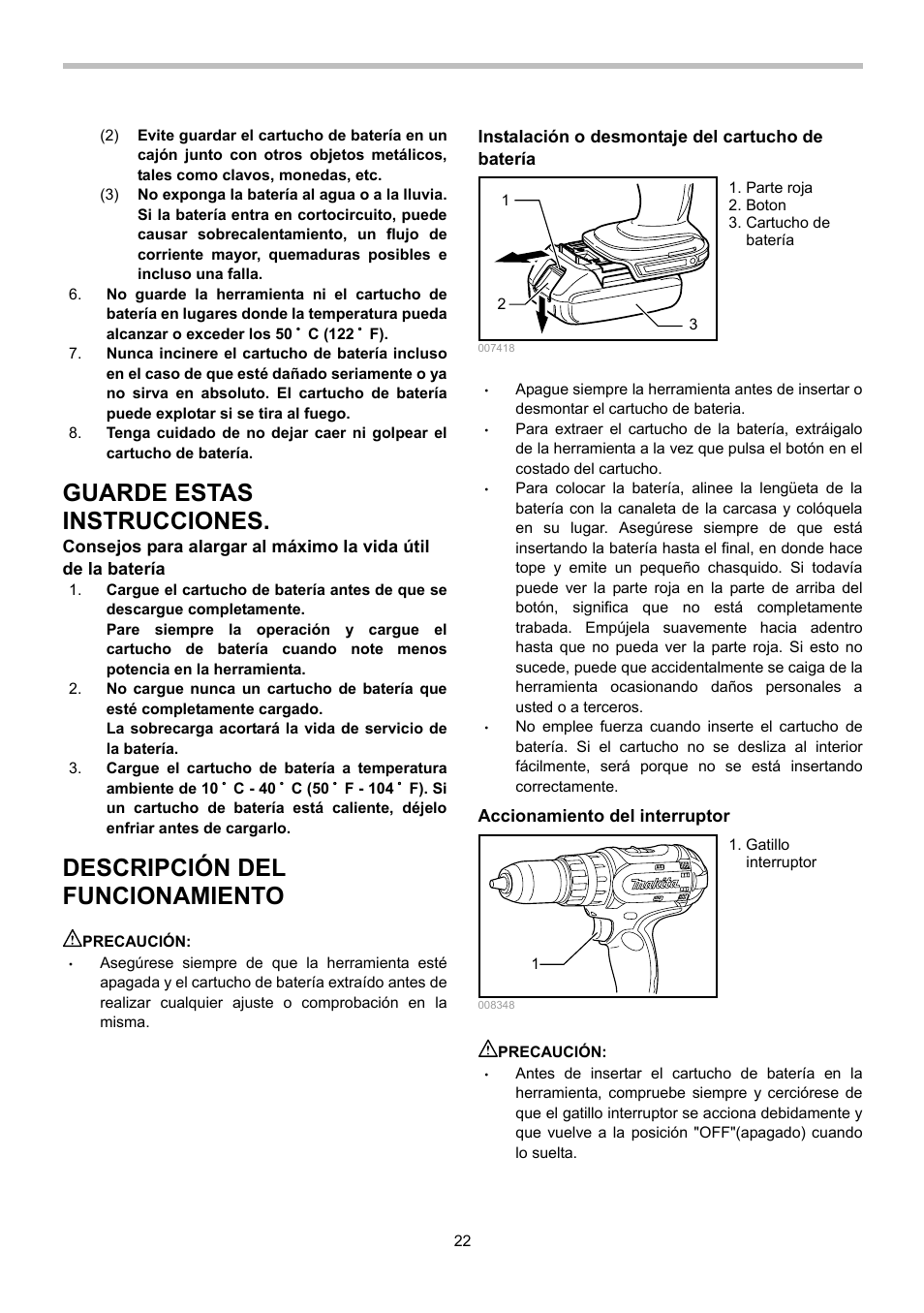 Guarde estas instrucciones, Descripción del funcionamiento | Makita BHP442 User Manual | Page 22 / 32