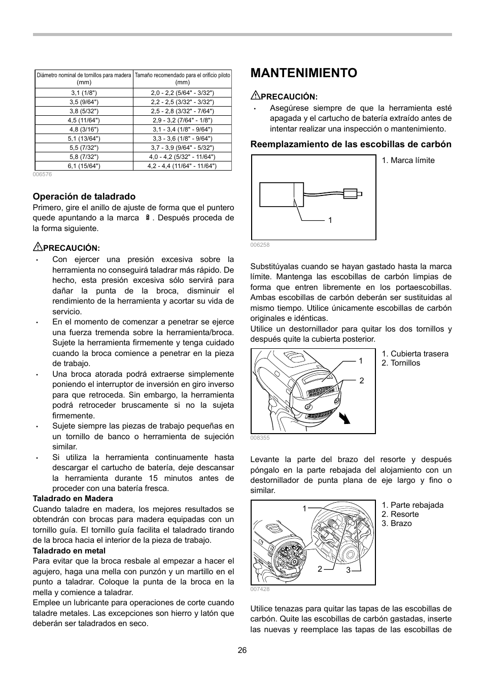 Mantenimiento, Operación de taladrado, Reemplazamiento de las escobillas de carbón | Makita BHP442 User Manual | Page 26 / 32