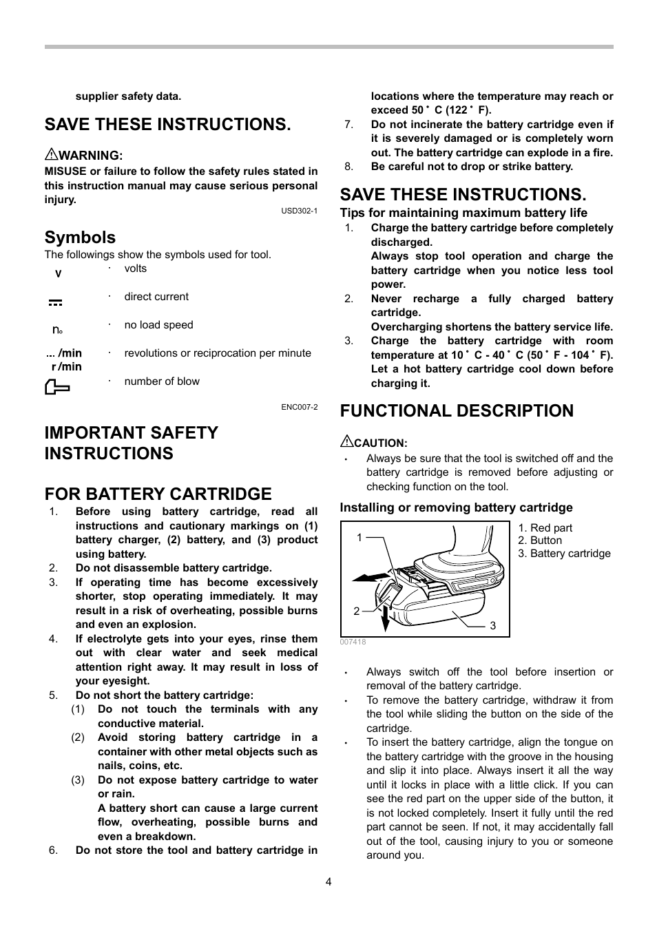 Save these instructions, Symbols, Important safety instructions | For battery cartridge, Functional description | Makita BHP442 User Manual | Page 4 / 32