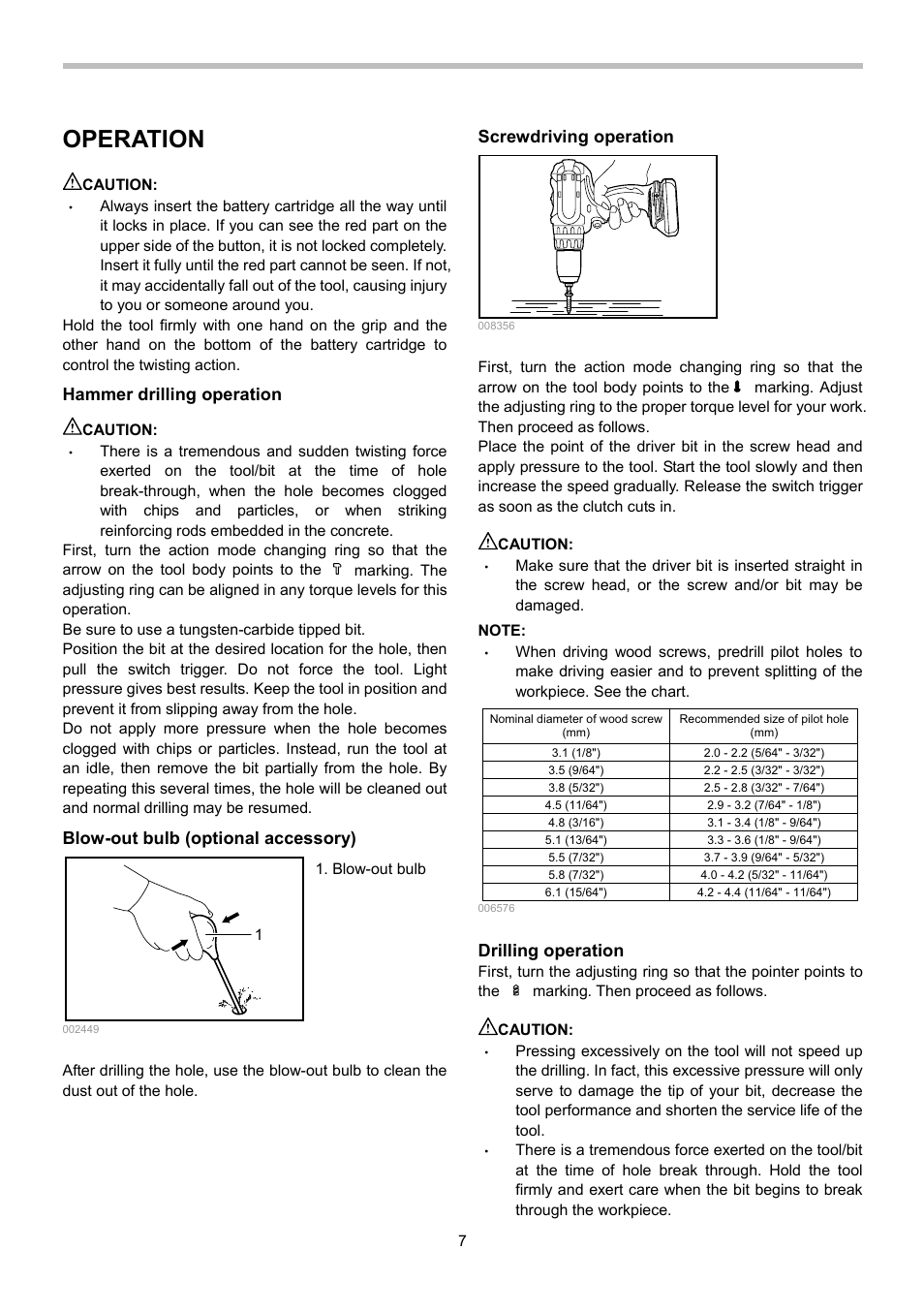 Operation, Hammer drilling operation, Blow-out bulb (optional accessory) | Screwdriving operation, Drilling operation | Makita BHP442 User Manual | Page 7 / 32