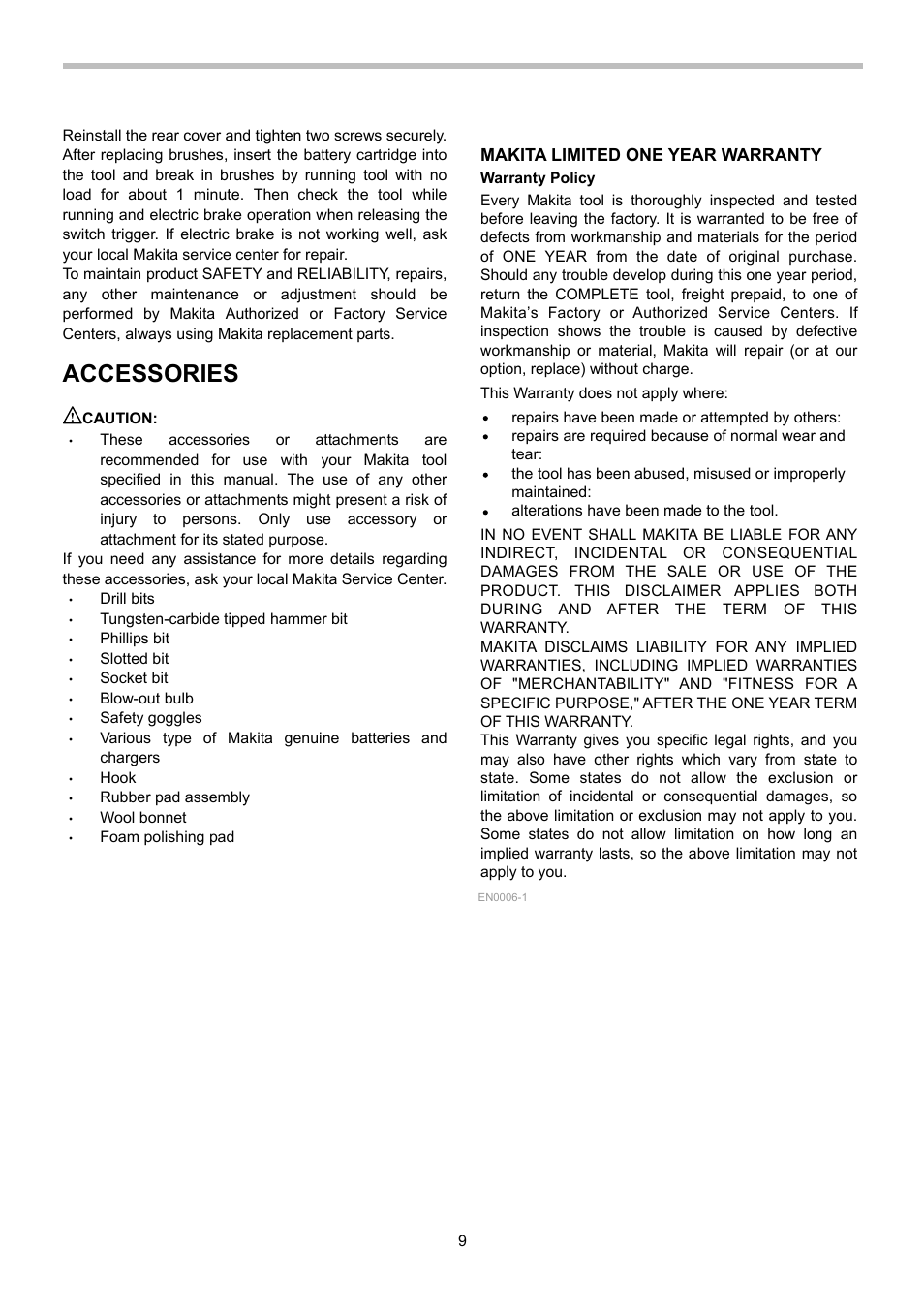 Accessories, Makita limited one year warranty | Makita BHP442 User Manual | Page 9 / 32