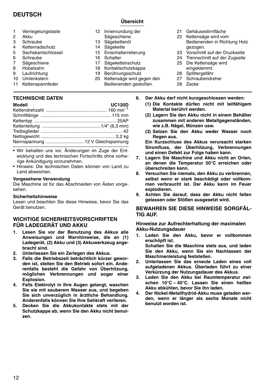 Deutsch | Makita UC120D User Manual | Page 12 / 48