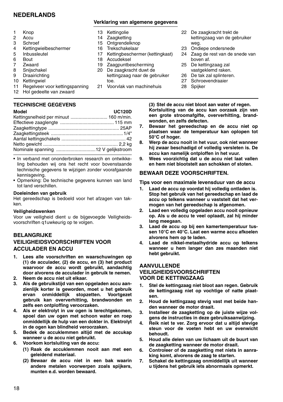 Nederlands | Makita UC120D User Manual | Page 18 / 48
