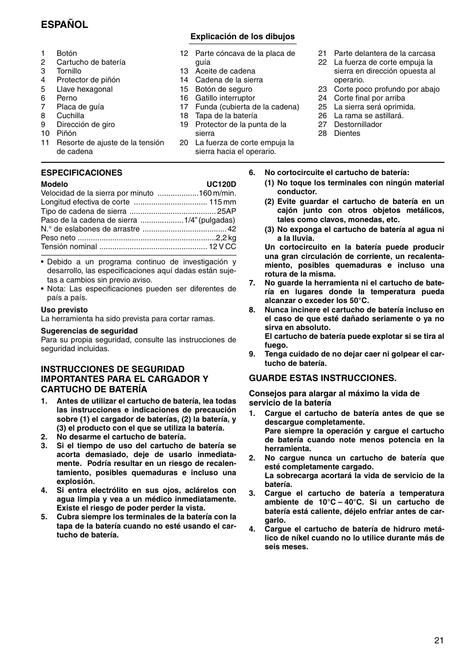 Español | Makita UC120D User Manual | Page 21 / 48