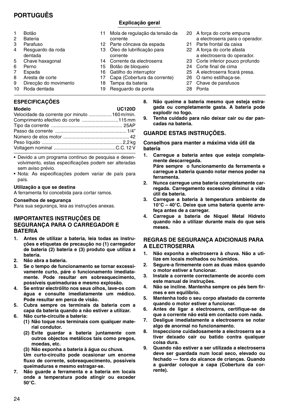 Português | Makita UC120D User Manual | Page 24 / 48