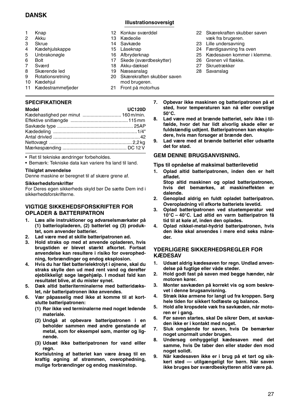 Dansk | Makita UC120D User Manual | Page 27 / 48