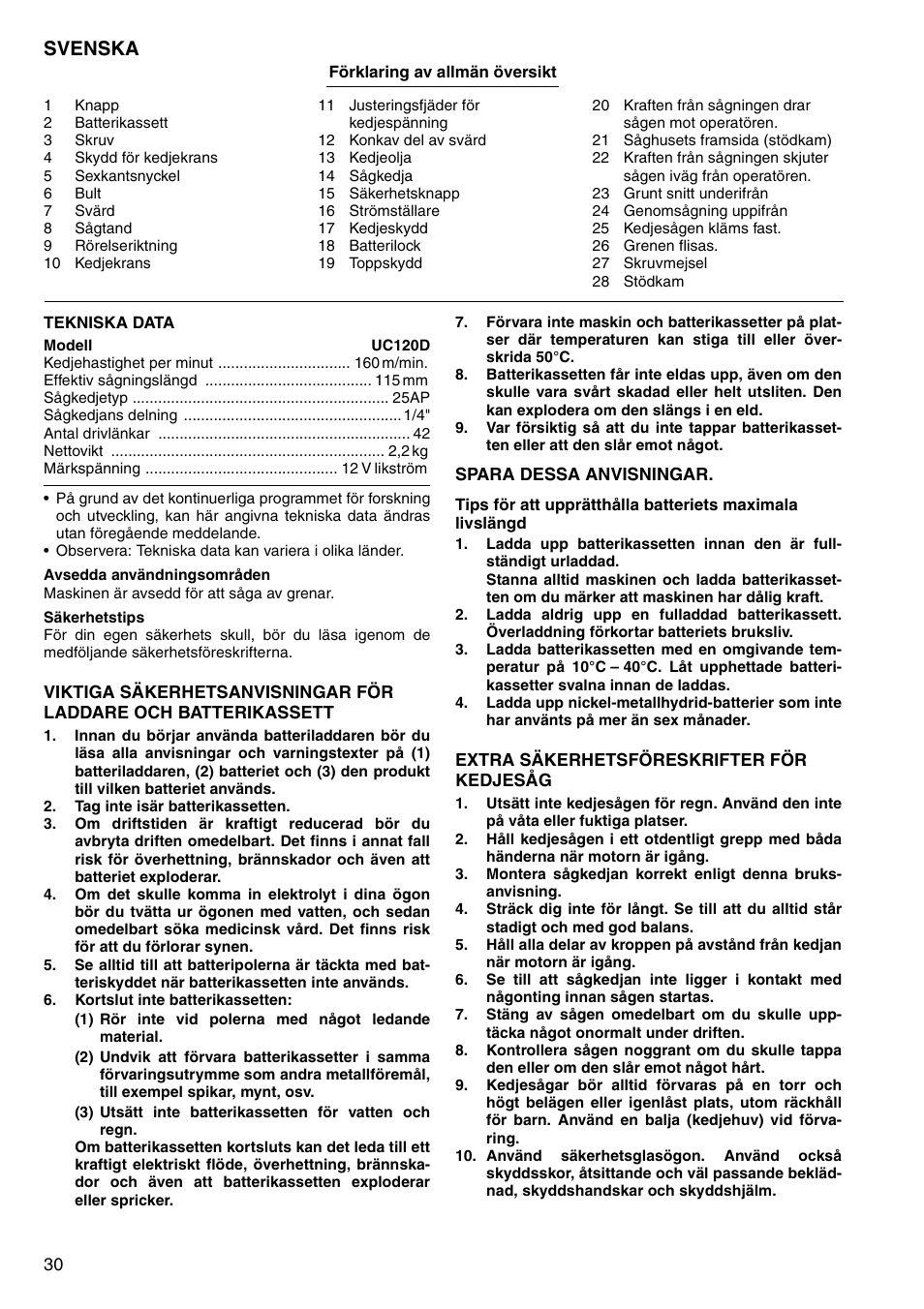 Svenska | Makita UC120D User Manual | Page 30 / 48