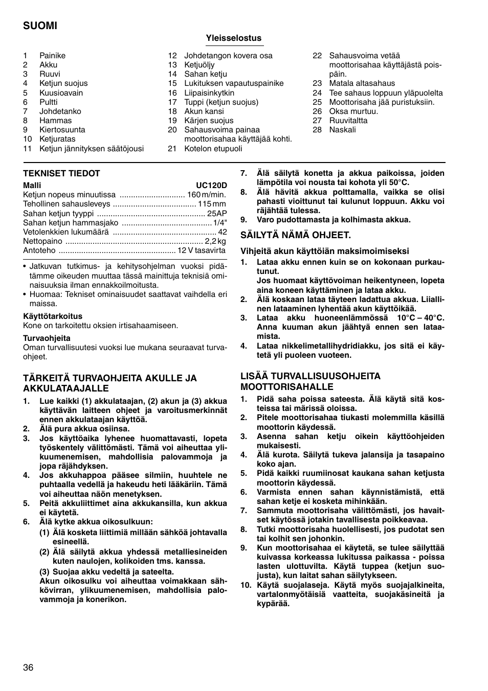 Suomi | Makita UC120D User Manual | Page 36 / 48