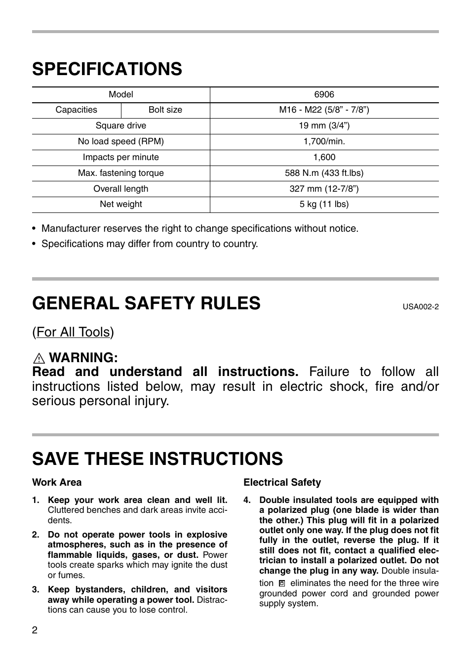 Specifications, General safety rules, Save these instructions | Makita 6906 User Manual | Page 2 / 12
