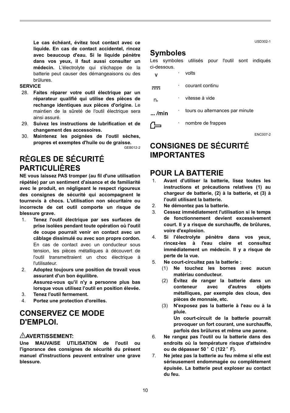 Rè gles de s é curit é particuli è res, Conservez ce mode d'emploi, Symboles | Consignes de s é curit é importantes, Pour la batterie | Makita TD020D User Manual | Page 10 / 24