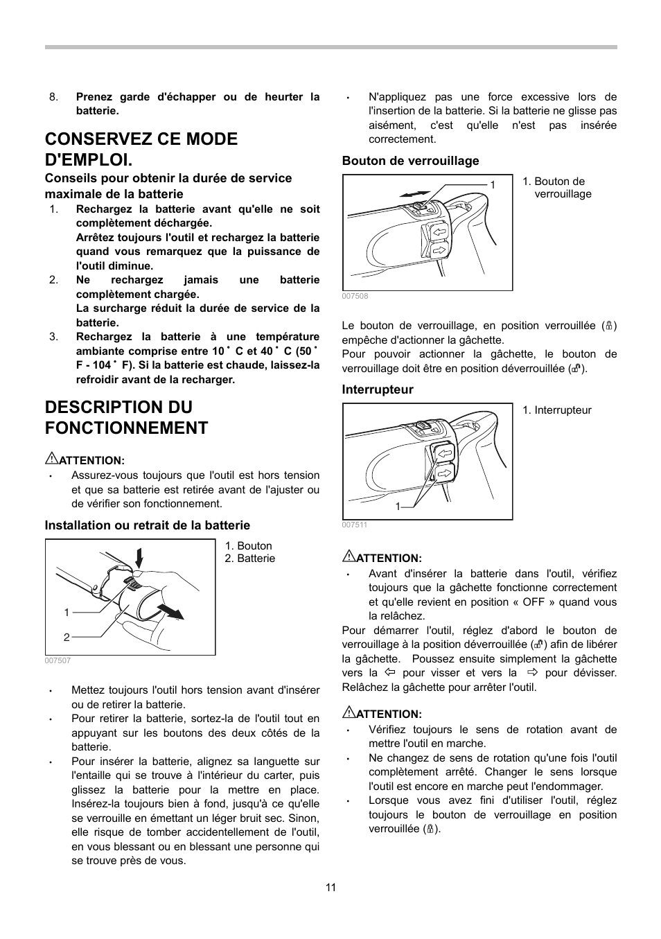 Conservez ce mode d'emploi, Description du fonctionnement | Makita TD020D User Manual | Page 11 / 24