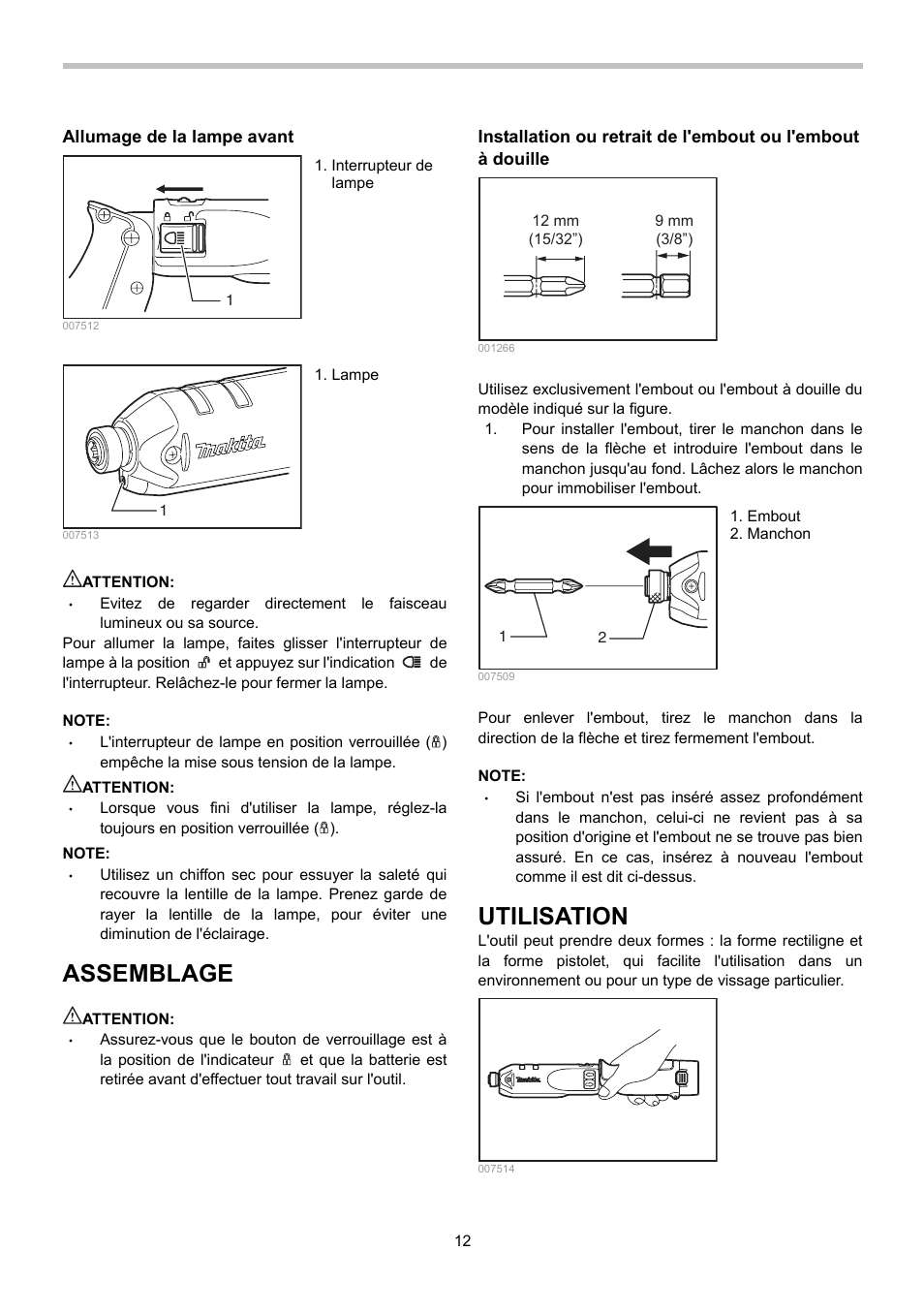 Assemblage, Utilisation | Makita TD020D User Manual | Page 12 / 24