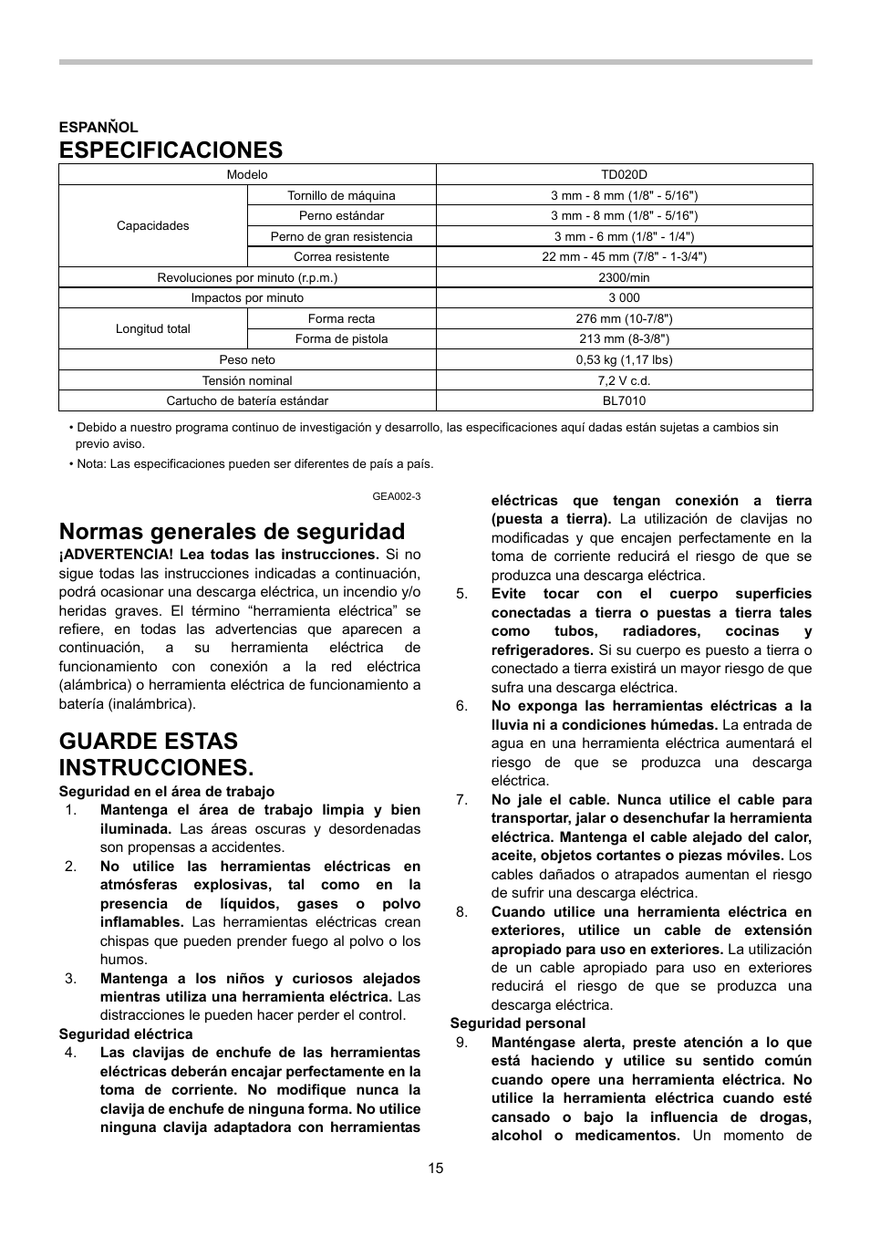 Especificaciones, Normas generales de seguridad, Guarde estas instrucciones | Makita TD020D User Manual | Page 15 / 24