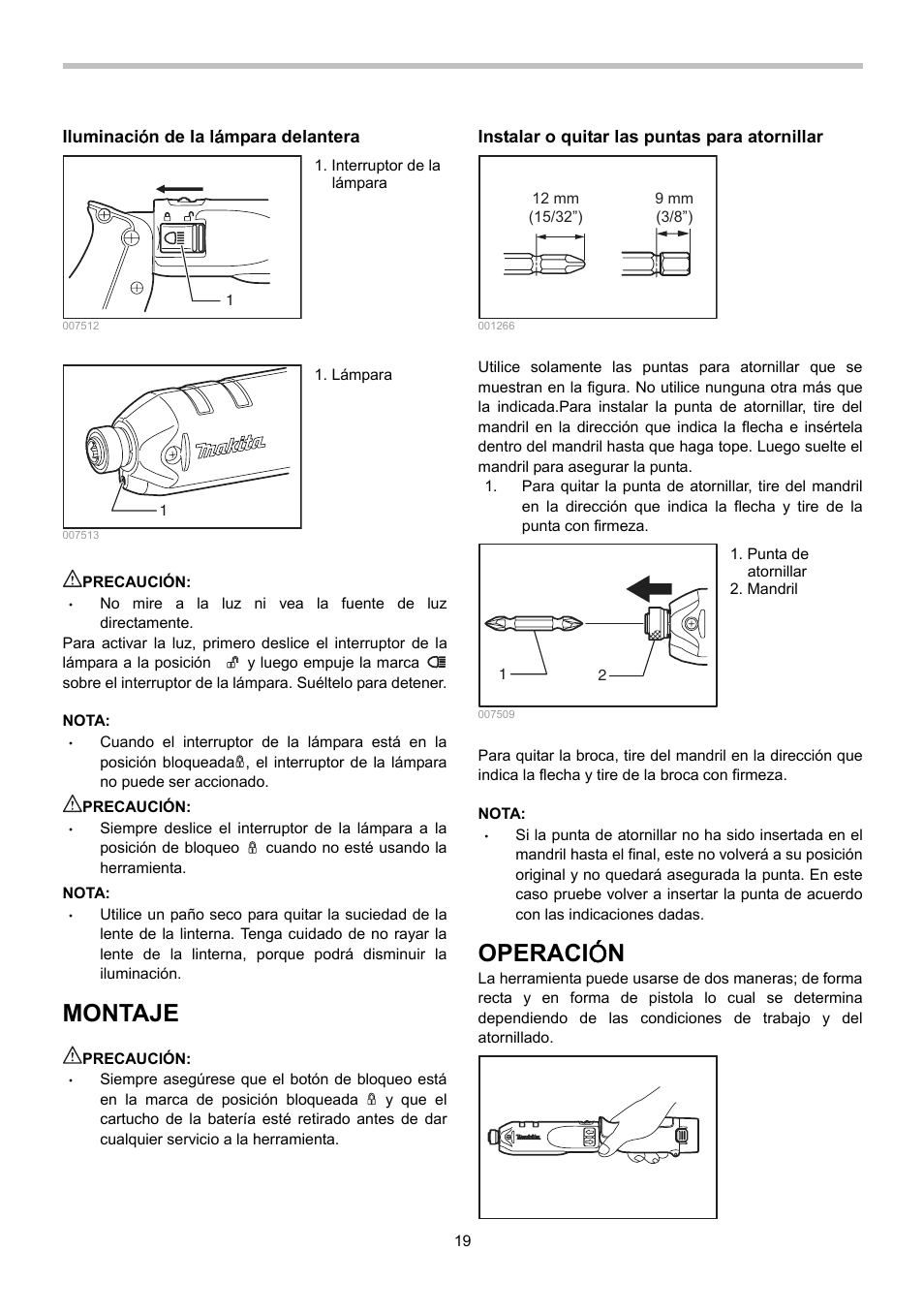 Montaje, Operaci ó n | Makita TD020D User Manual | Page 19 / 24