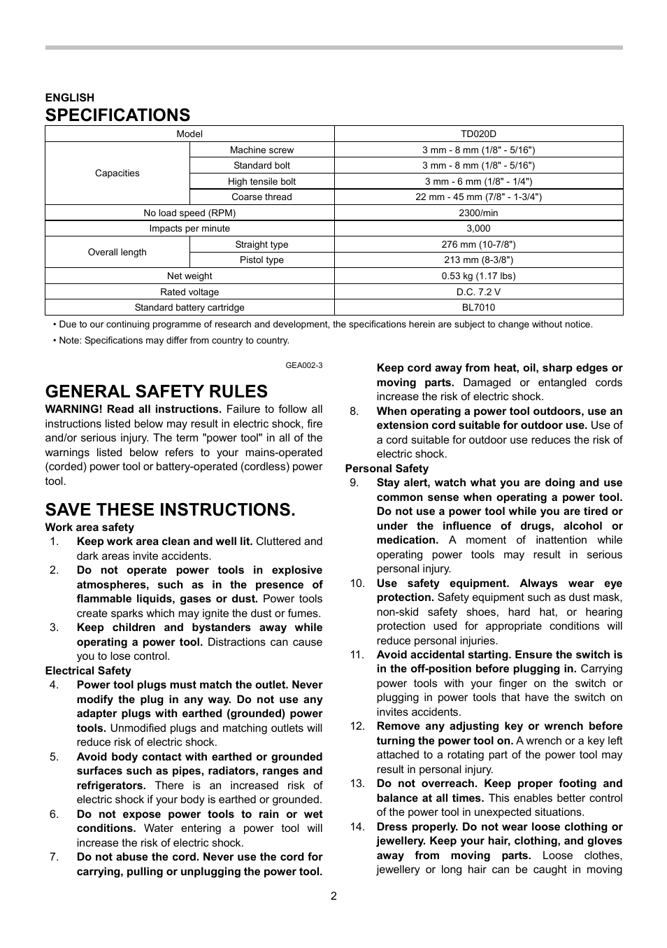 Specifications, General safety rules, Save these instructions | Makita TD020D User Manual | Page 2 / 24