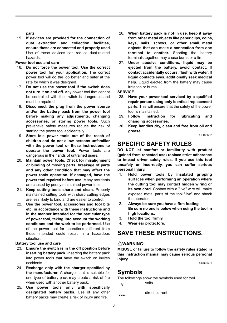 Specific safety rules, Save these instructions, Symbols | Makita TD020D User Manual | Page 3 / 24