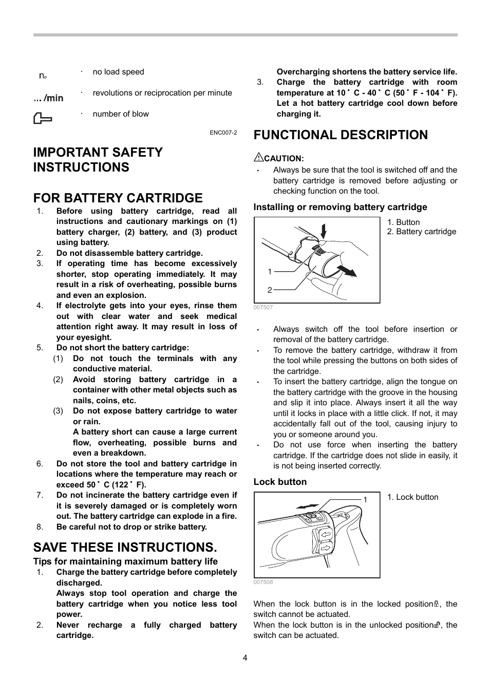 Important safety instructions, For battery cartridge, Save these instructions | Functional description | Makita TD020D User Manual | Page 4 / 24