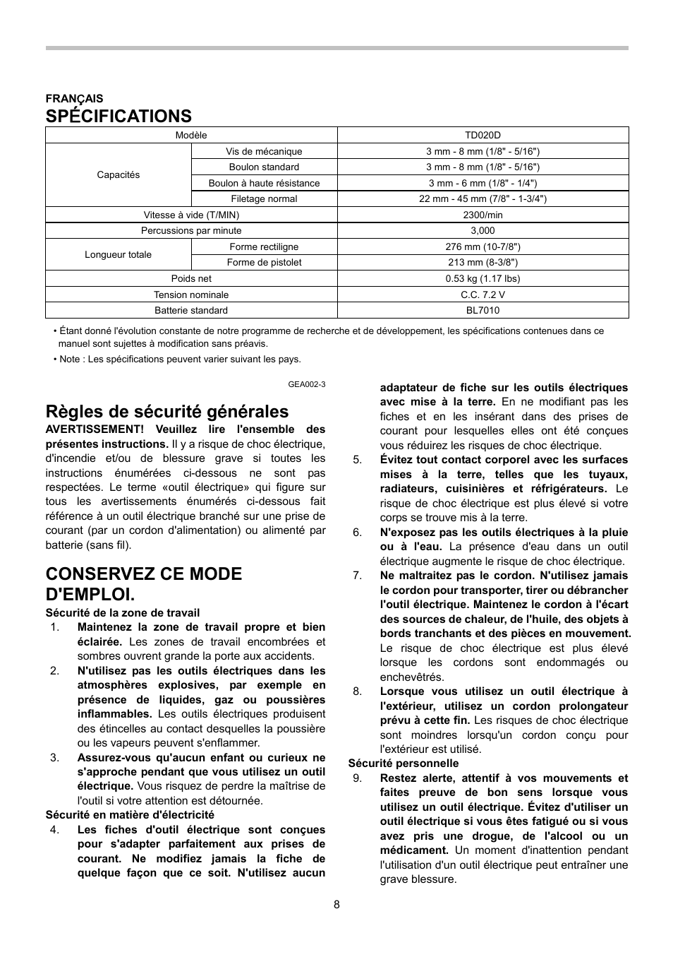 Sp é cifications, Conservez ce mode d'emploi | Makita TD020D User Manual | Page 8 / 24