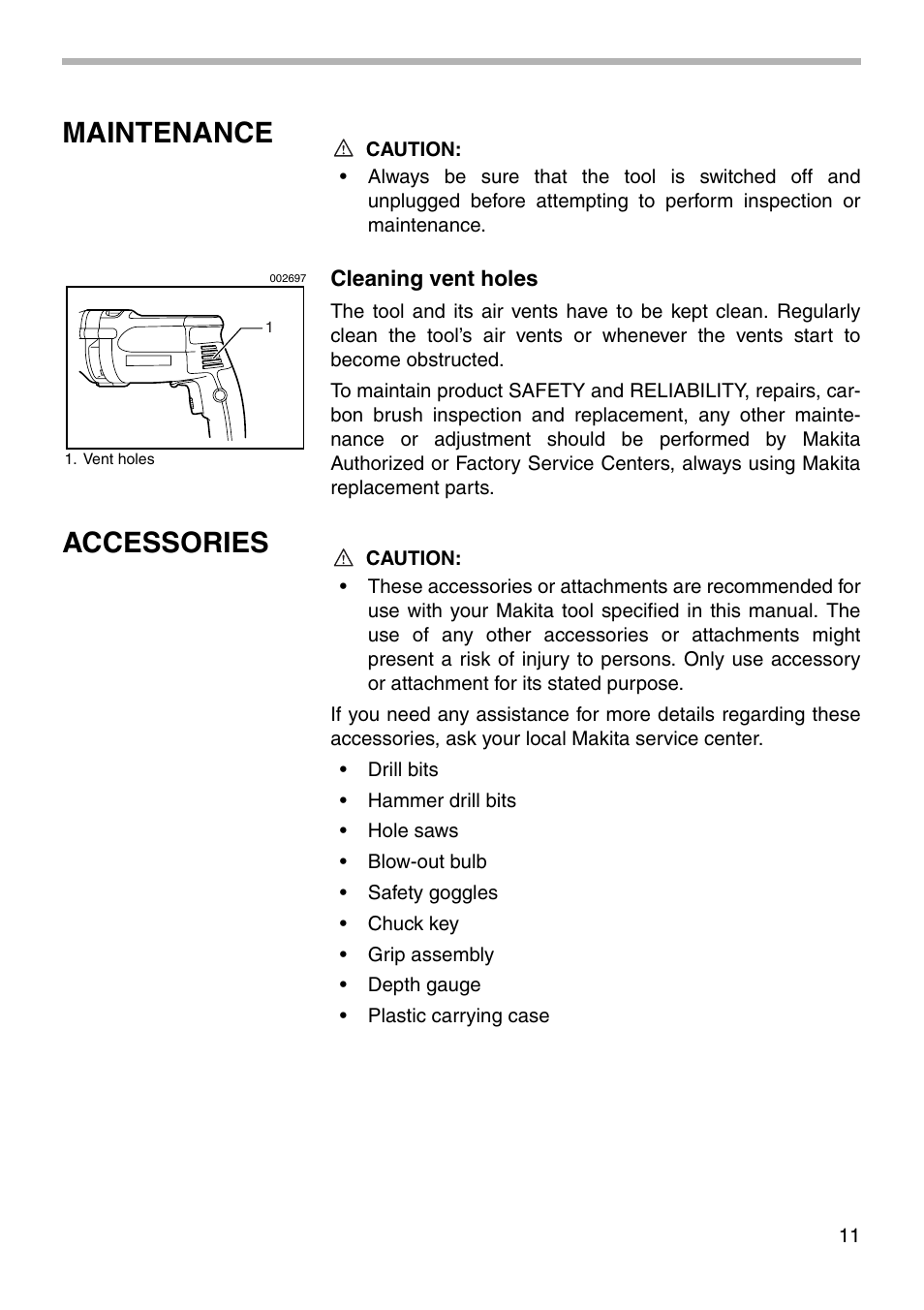 Maintenance, Accessories | Makita HP2050F User Manual | Page 11 / 16