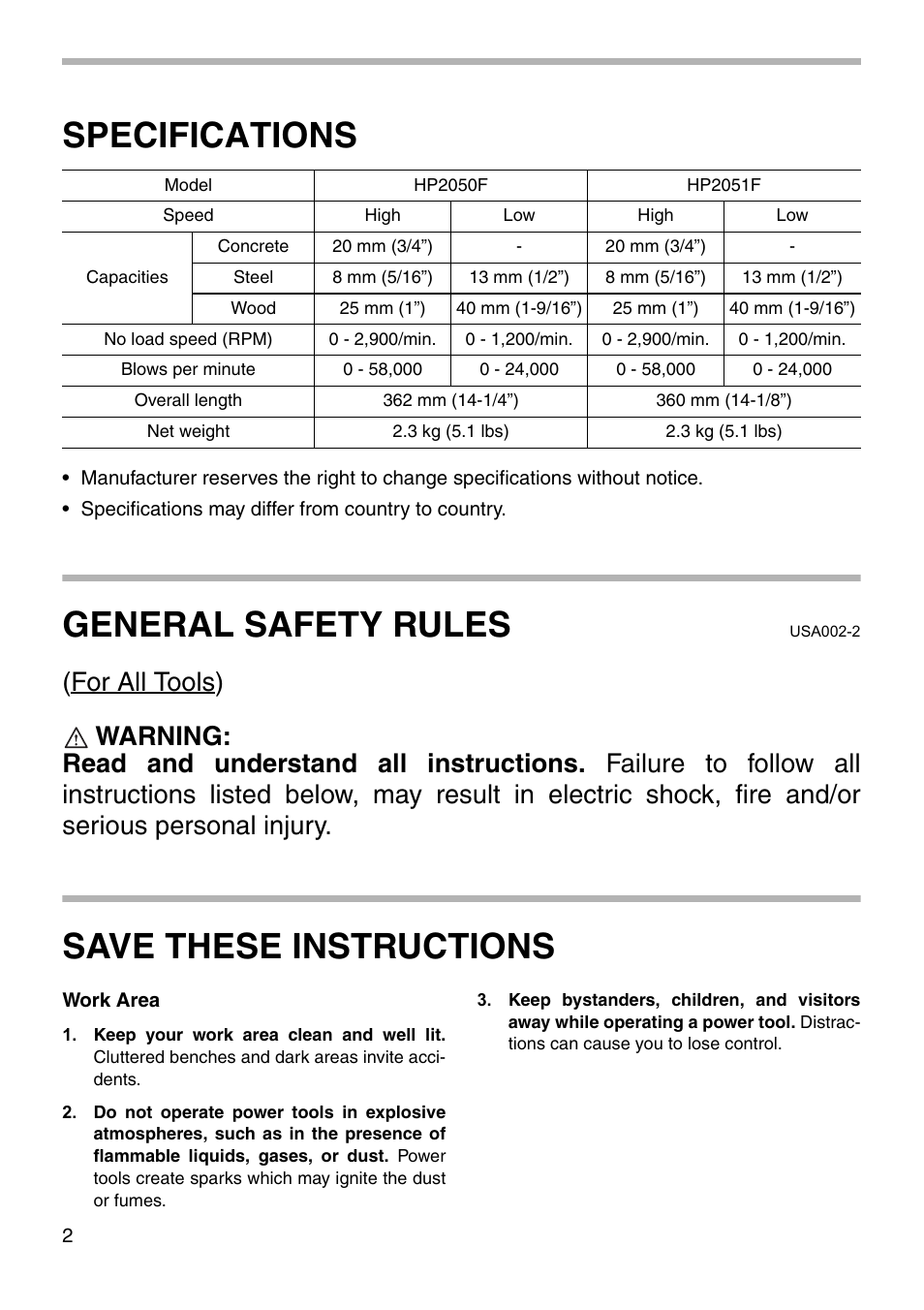 Specifications, General safety rules, Save these instructions | Makita HP2050F User Manual | Page 2 / 16