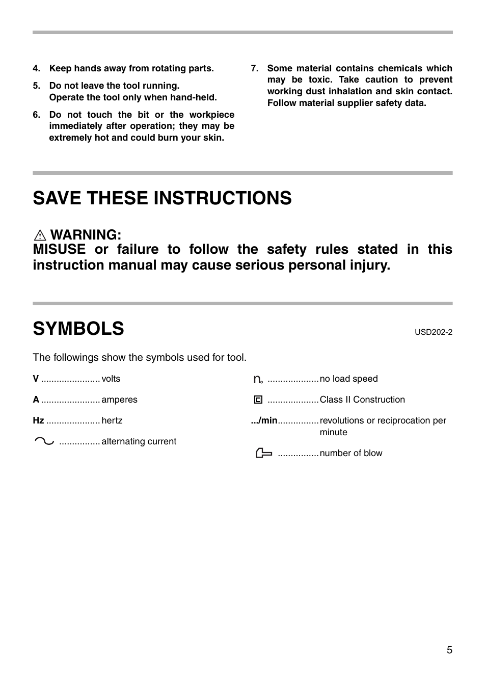 Save these instructions, Symbols | Makita HP2050F User Manual | Page 5 / 16