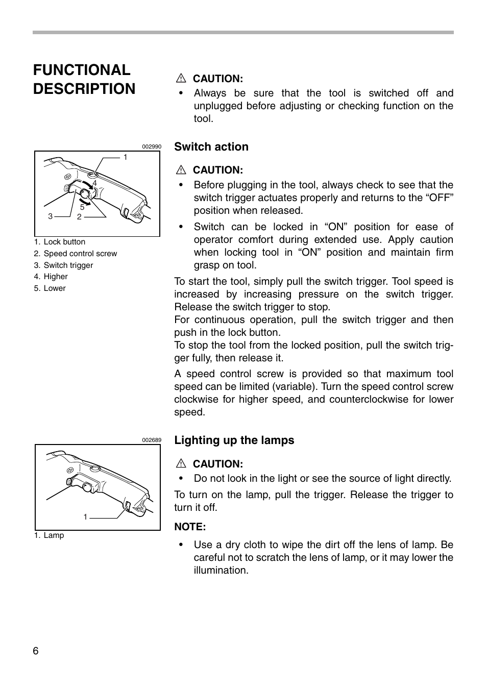Functional description, Switch action, Lighting up the lamps | Makita HP2050F User Manual | Page 6 / 16