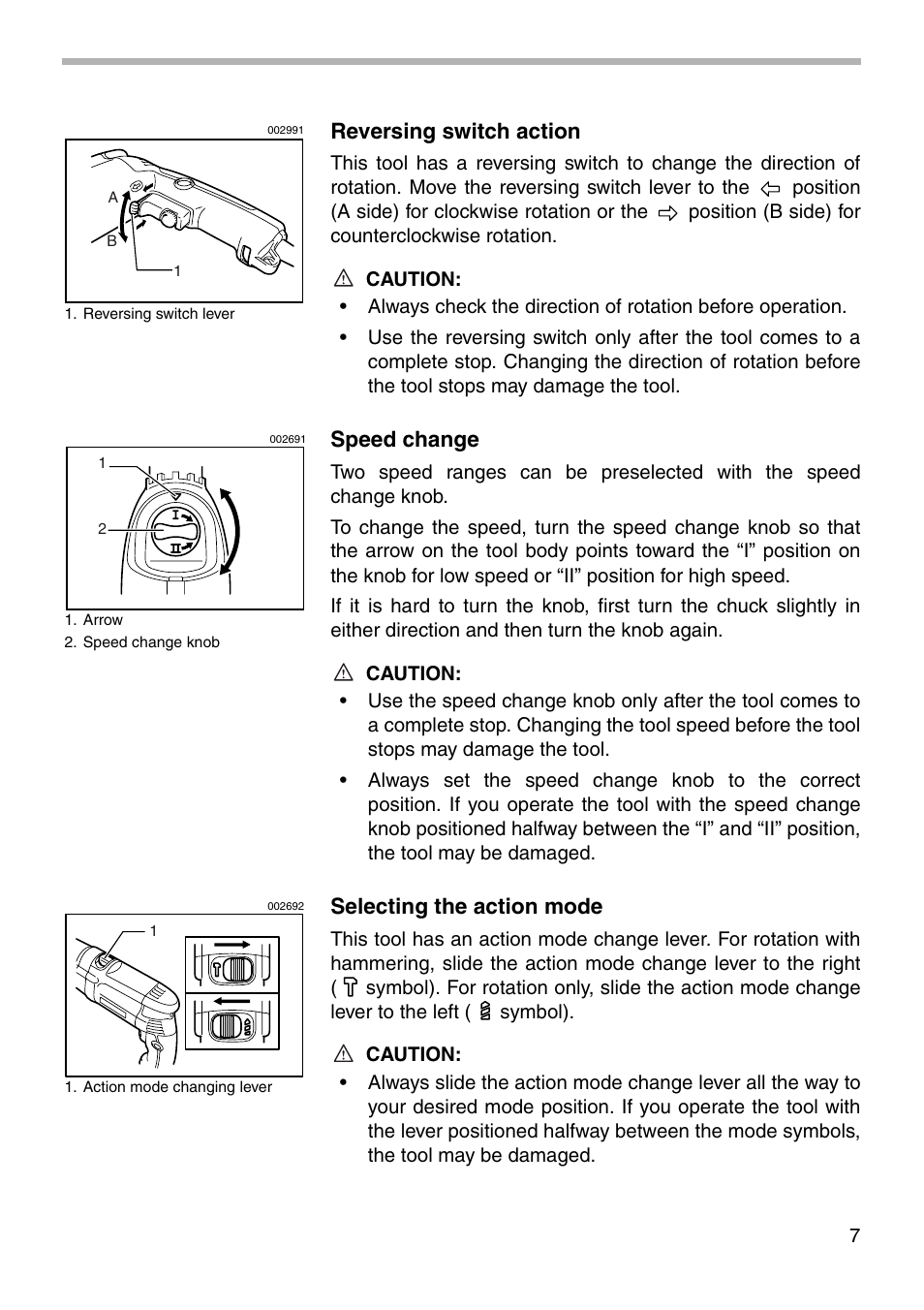 Reversing switch action, Speed change, Selecting the action mode | Makita HP2050F User Manual | Page 7 / 16