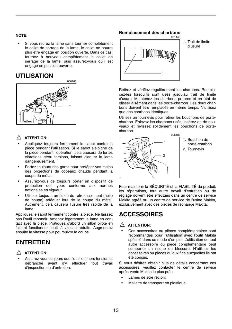 Utilisation, Entretien, Accessoires | Makita JR3070CT User Manual | Page 13 / 24