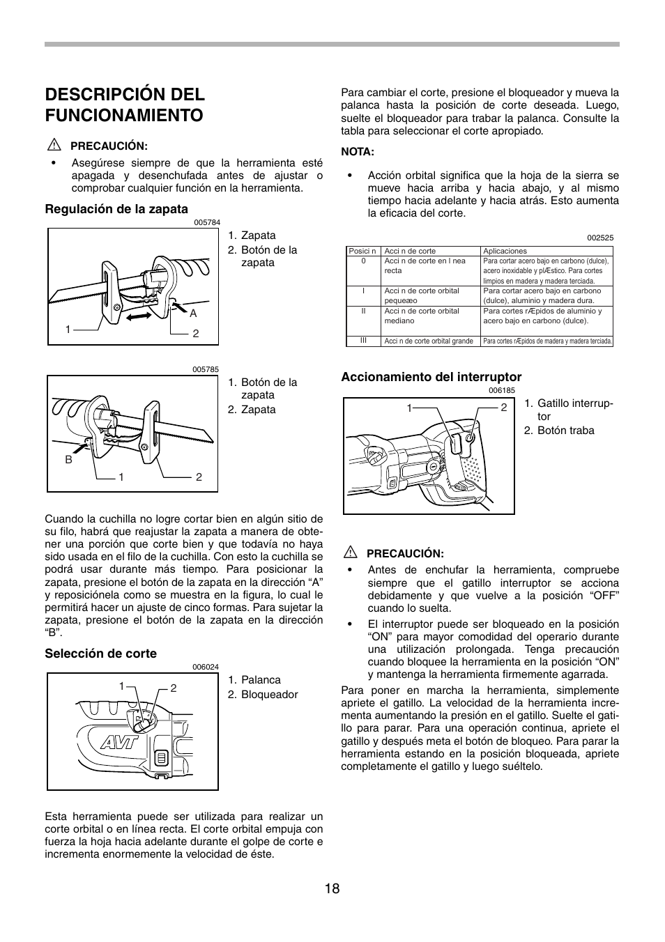 Descripción del funcionamiento, Regulación de la zapata, Selección de corte | Accionamiento del interruptor | Makita JR3070CT User Manual | Page 18 / 24