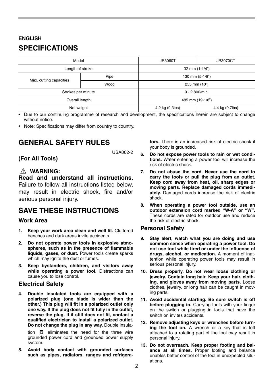 Specifications, General safety rules, Save these instructions | Work area, Electrical safety, Personal safety | Makita JR3070CT User Manual | Page 2 / 24