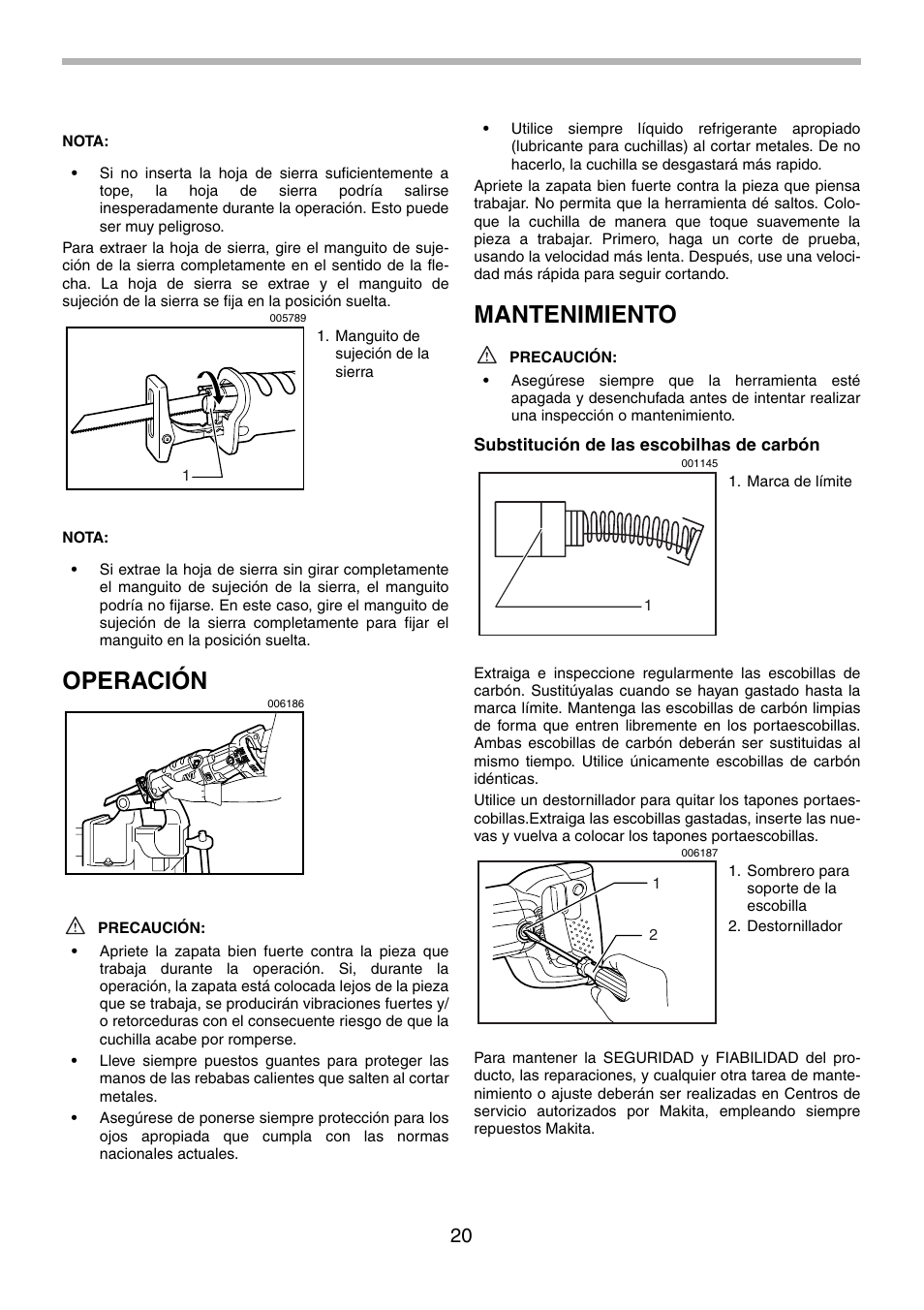 Operación, Mantenimiento | Makita JR3070CT User Manual | Page 20 / 24