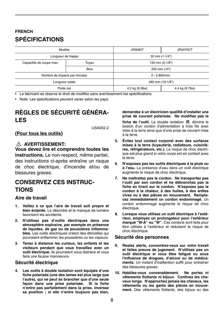 Spécifications, Règles de sécurité généra- les, Conservez ces instruc- tions | Pour tous les outils, Aire de travail, Sécurité électrique, Sécurité des personnes | Makita JR3070CT User Manual | Page 8 / 24