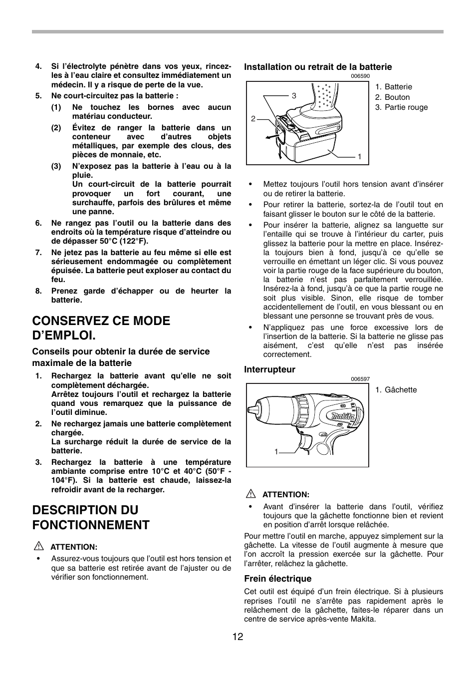 Conservez ce mode d’emploi, Description du fonctionnement | Makita BDF440 User Manual | Page 12 / 28