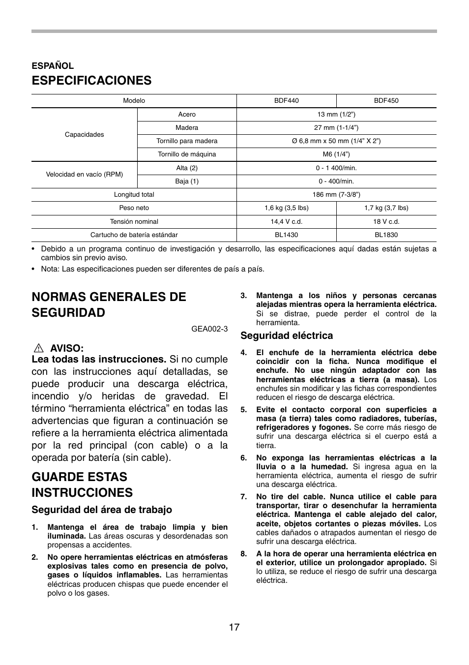Especificaciones, Normas generales de seguridad, Guarde estas instrucciones | Seguridad del área de trabajo, Seguridad eléctrica | Makita BDF440 User Manual | Page 17 / 28