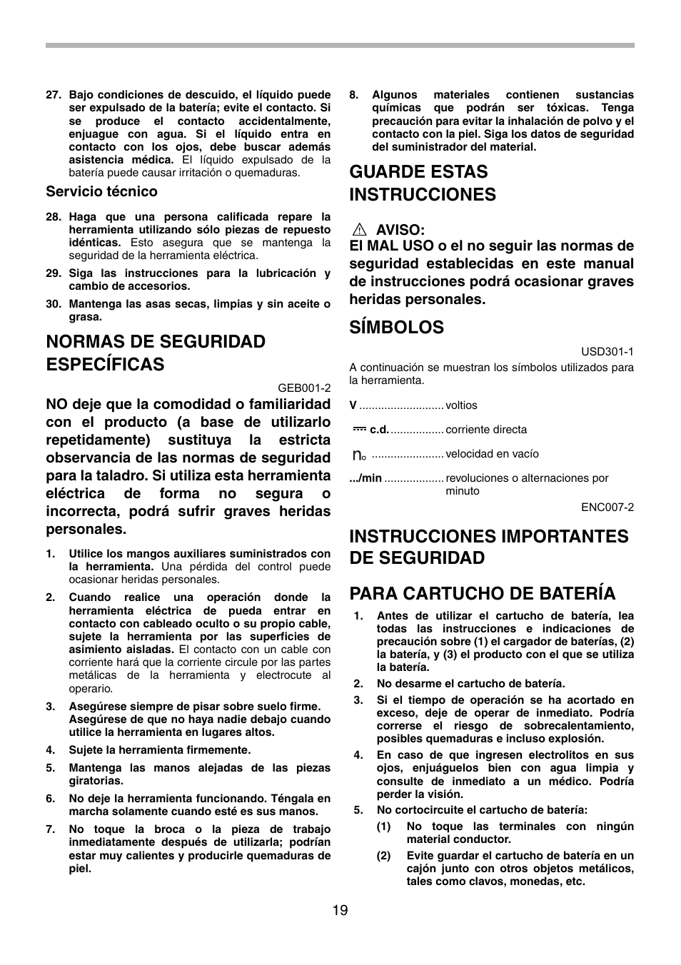 Normas de seguridad específicas, Guarde estas instrucciones, Símbolos | Servicio técnico | Makita BDF440 User Manual | Page 19 / 28