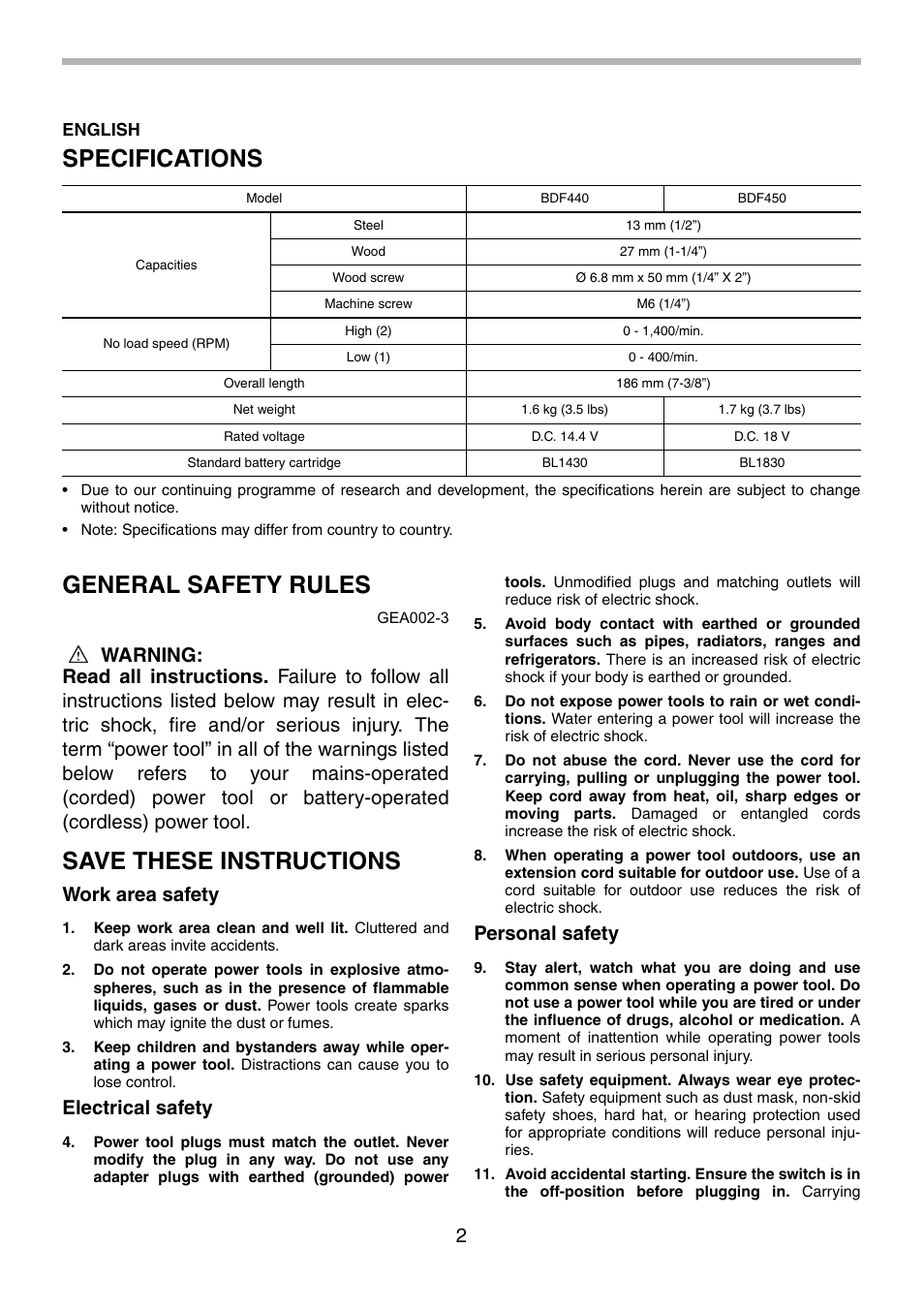 Specifications, General safety rules, Save these instructions | Work area safety, Electrical safety, Personal safety | Makita BDF440 User Manual | Page 2 / 28