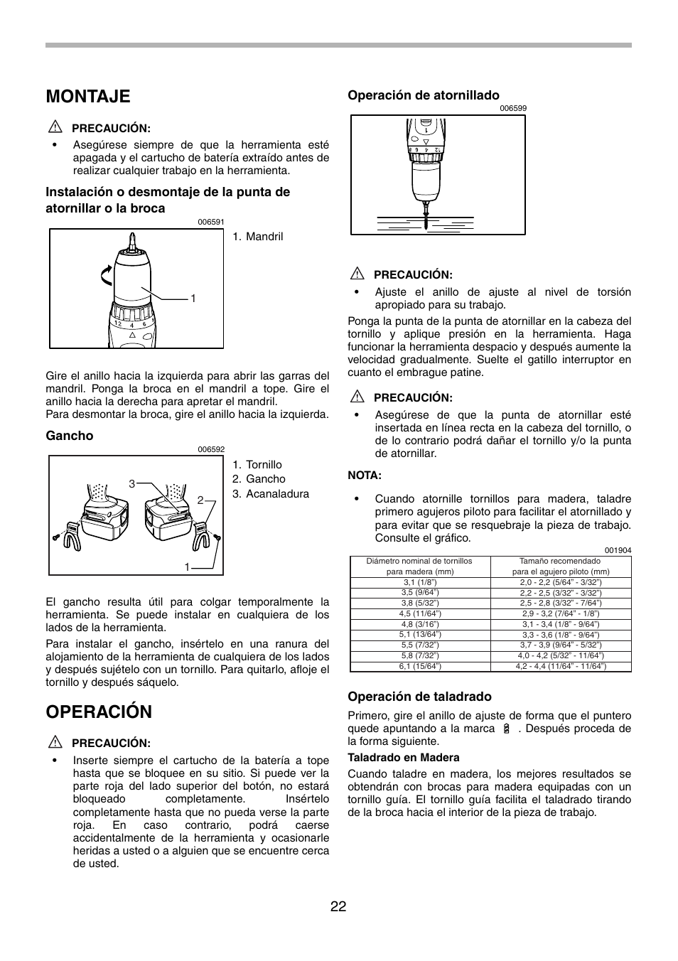 Montaje, Operación, Gancho | Operación de atornillado, Operación de taladrado | Makita BDF440 User Manual | Page 22 / 28