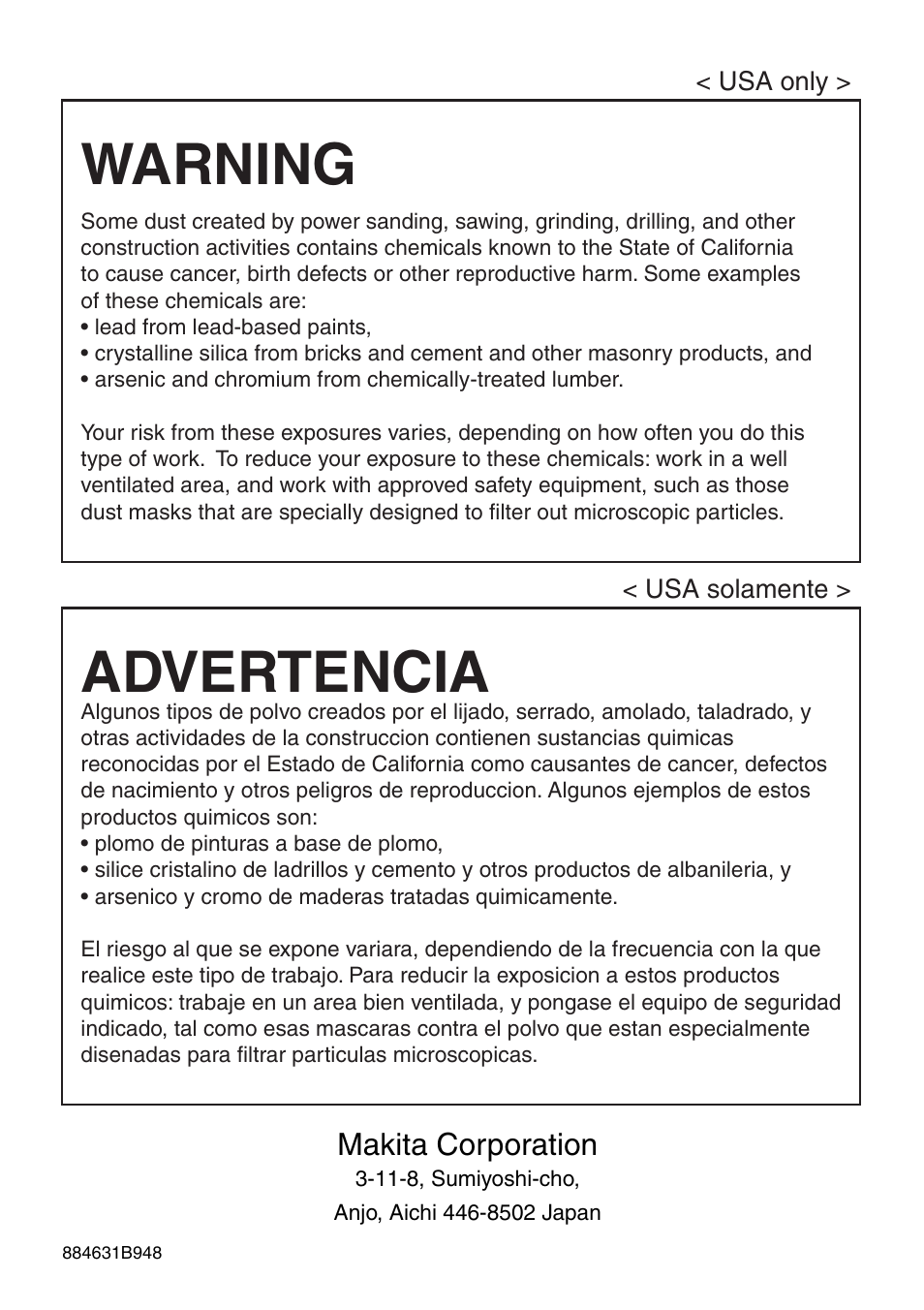 Warning, Advertencia | Makita BDF440 User Manual | Page 28 / 28