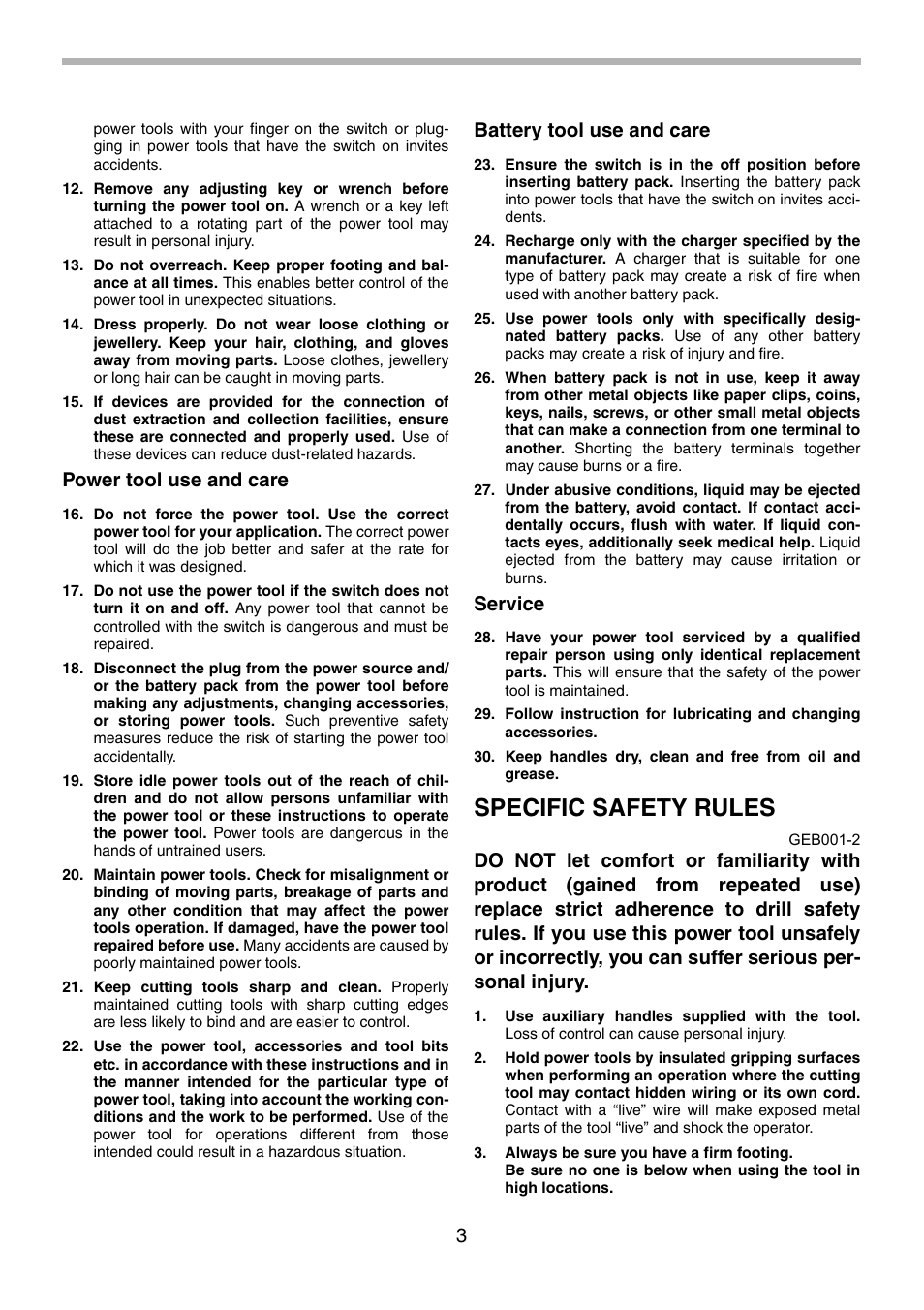 Specific safety rules, Power tool use and care, Battery tool use and care | Service | Makita BDF440 User Manual | Page 3 / 28